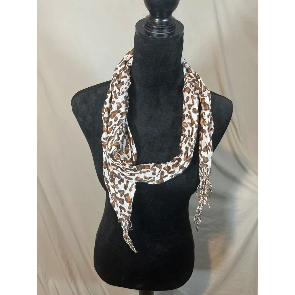Unbranded Leopard Print Lightweight Scarf Brown White Animal Pattern Fringe Trim
